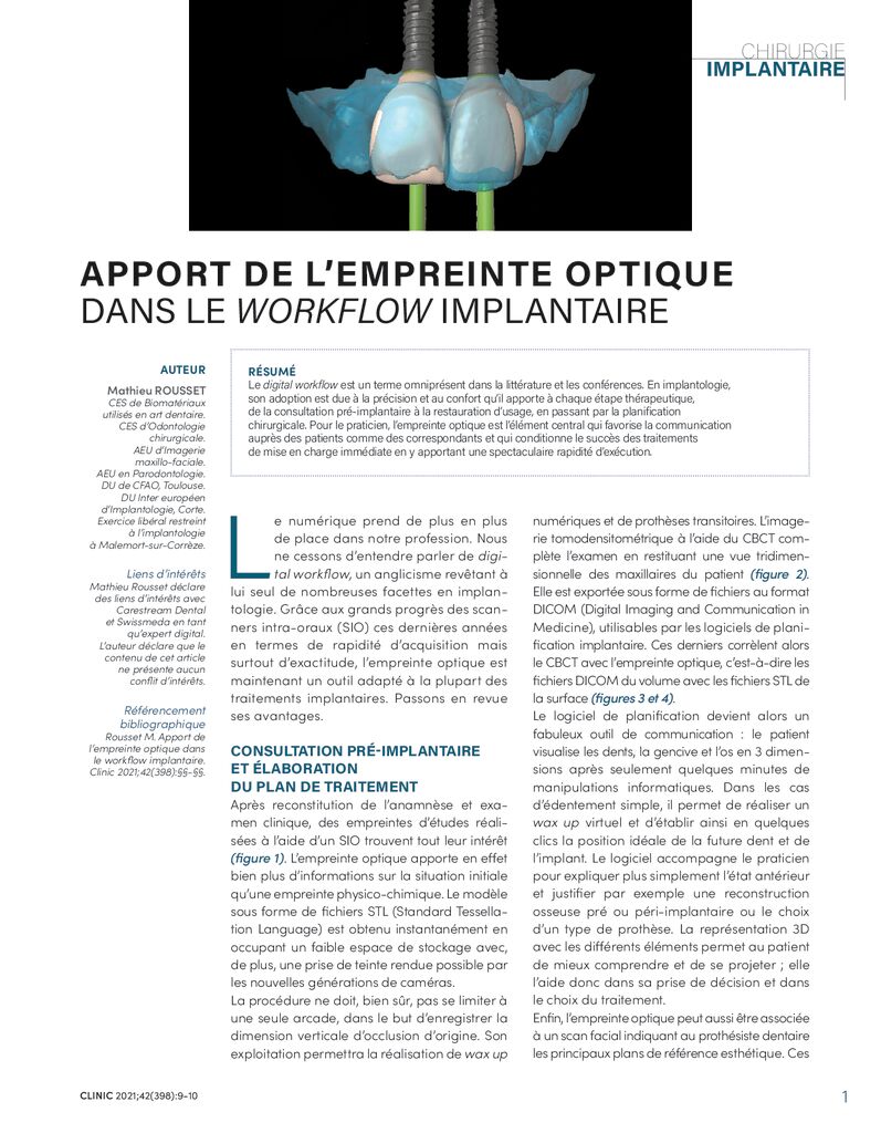 thumbnail of Apport de l’empreinte optique dans le workflow implantaire